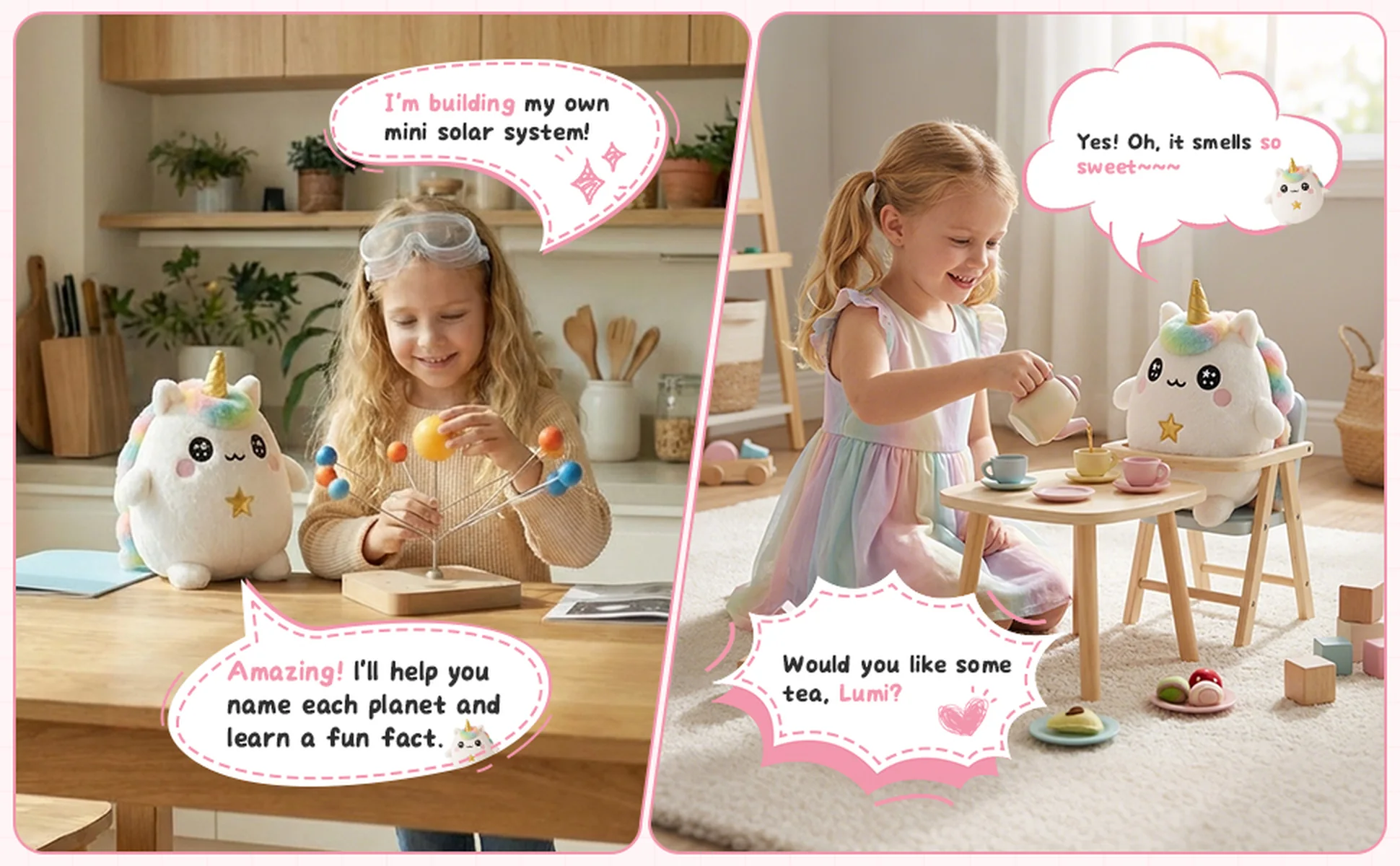 A child building a solar system model and having a tea party with Lumi