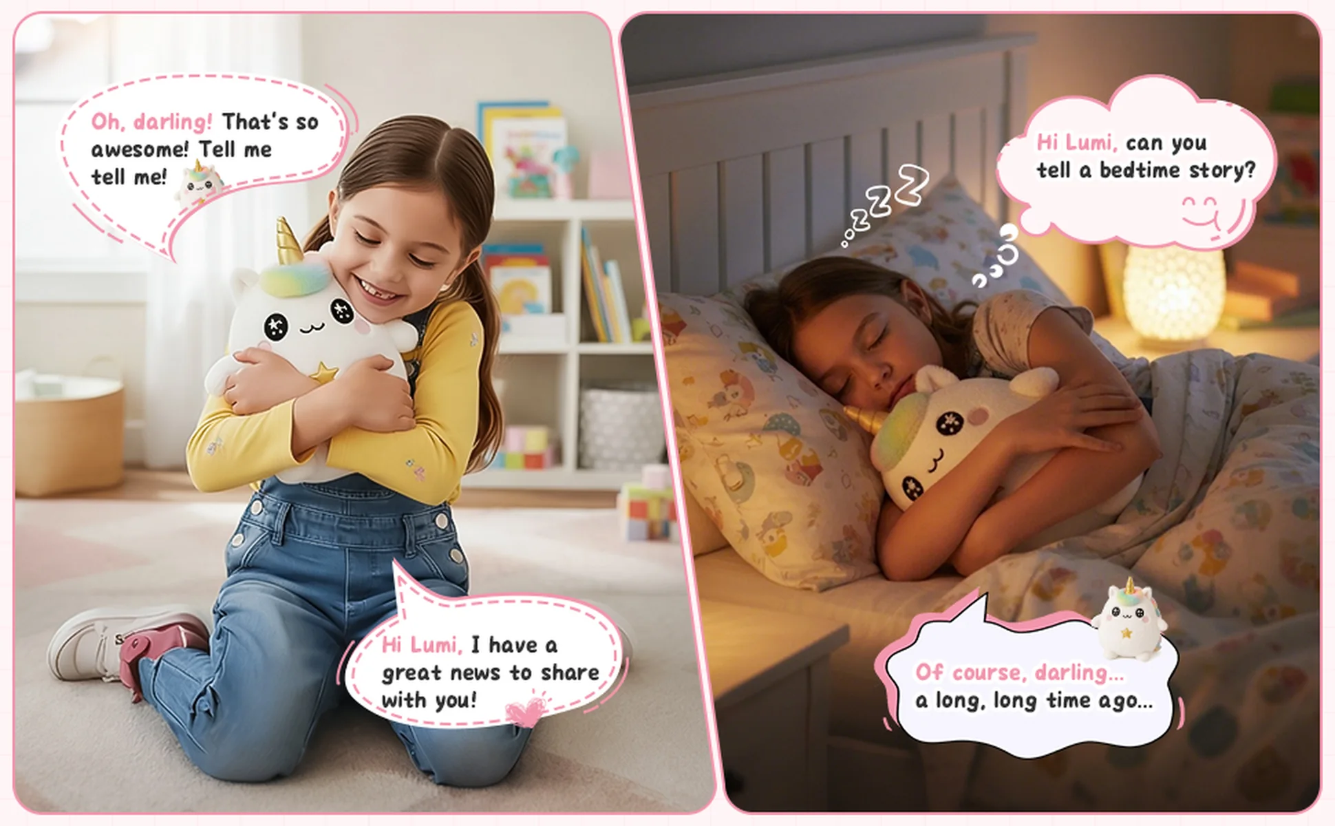 A child hugging Lumi during the day and falling asleep with her at bedtime