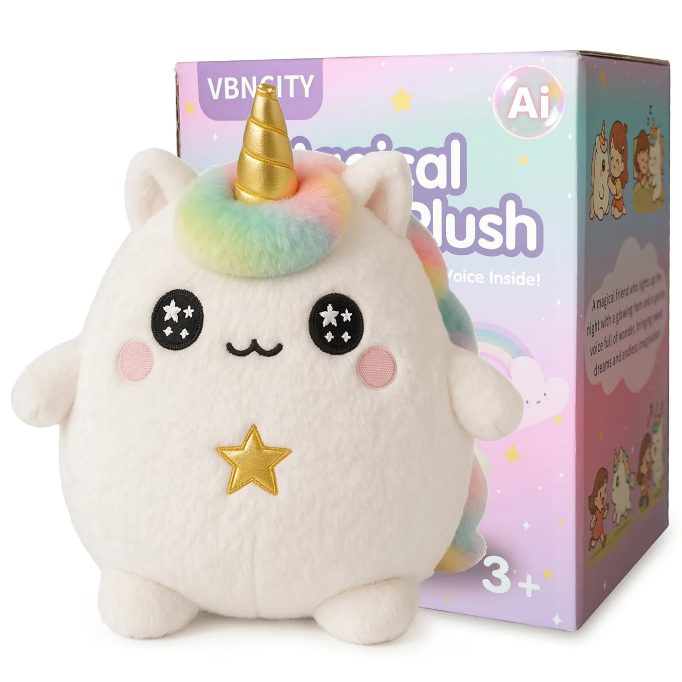 Lumi AI unicorn plush toy with its retail box