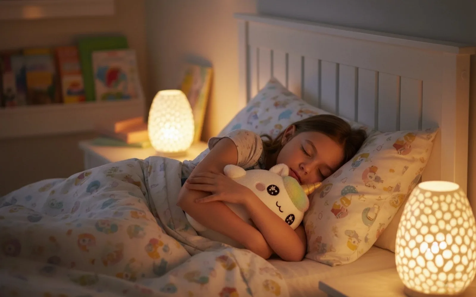 A child asleep holding Lumi, her heart glowing softly in the dark